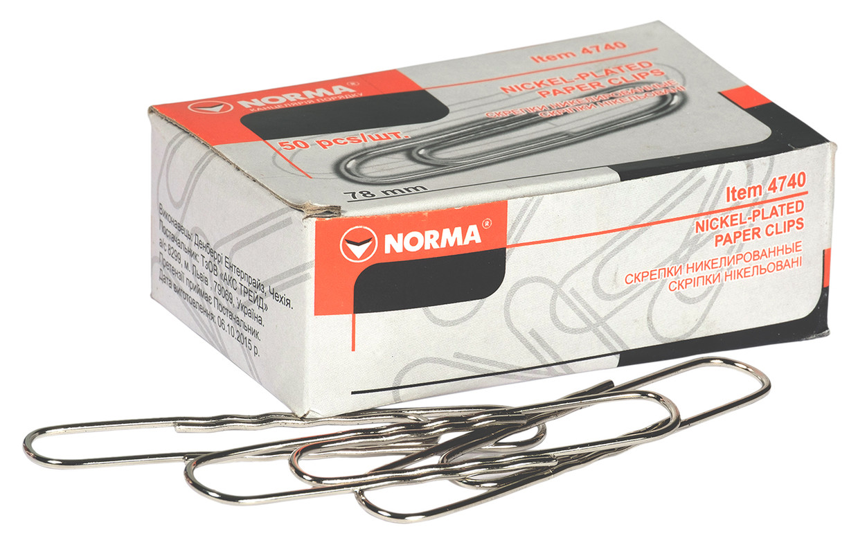 Скріпки NORMA (4740N), 78 мм, круглі, нікельовані, з хвилею, 50 шт.